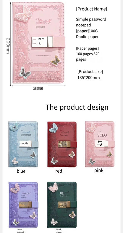 Retro Password Notebook Butterfly modeling with Lock line Diary Journal PU Notepad Planner School Stationery Supplies