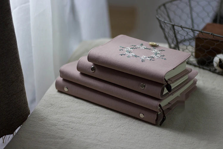 Cotton Pink Note Books Embroidery Wreath Loose Leaf A5 / A6 Binder Notebook Diary Cover Artist Moterm Ring Planners Notepad