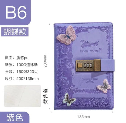 Retro Password Notebook Butterfly modeling with Lock line Diary Journal PU Notepad Planner School Stationery Supplies