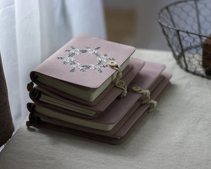 Cotton Pink Note Books Embroidery Wreath Loose Leaf A5 / A6 Binder Notebook Diary Cover Artist Moterm Ring Planners Notepad