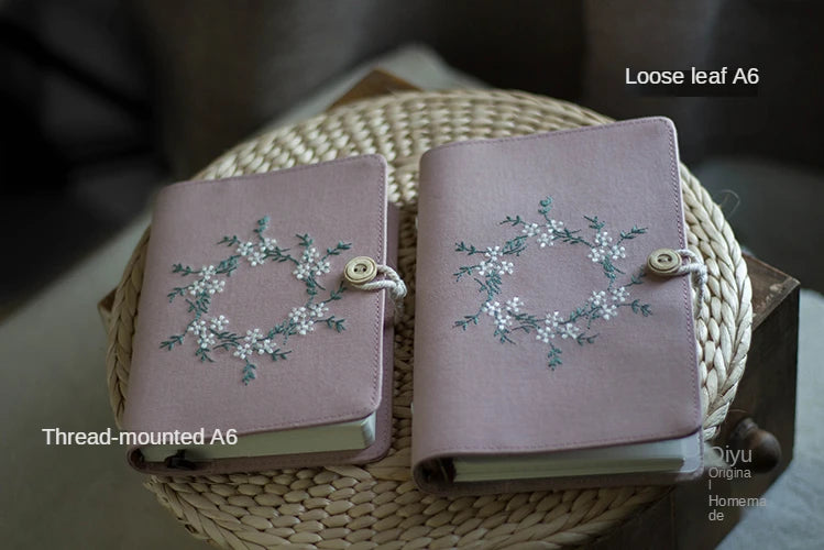 Cotton Pink Note Books Embroidery Wreath Loose Leaf A5 / A6 Binder Notebook Diary Cover Artist Moterm Ring Planners Notepad