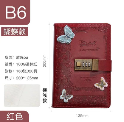 Retro Password Notebook Butterfly modeling with Lock line Diary Journal PU Notepad Planner School Stationery Supplies