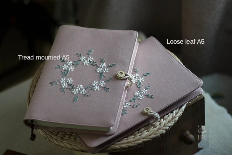 Cotton Pink Note Books Embroidery Wreath Loose Leaf A5 / A6 Binder Notebook Diary Cover Artist Moterm Ring Planners Notepad