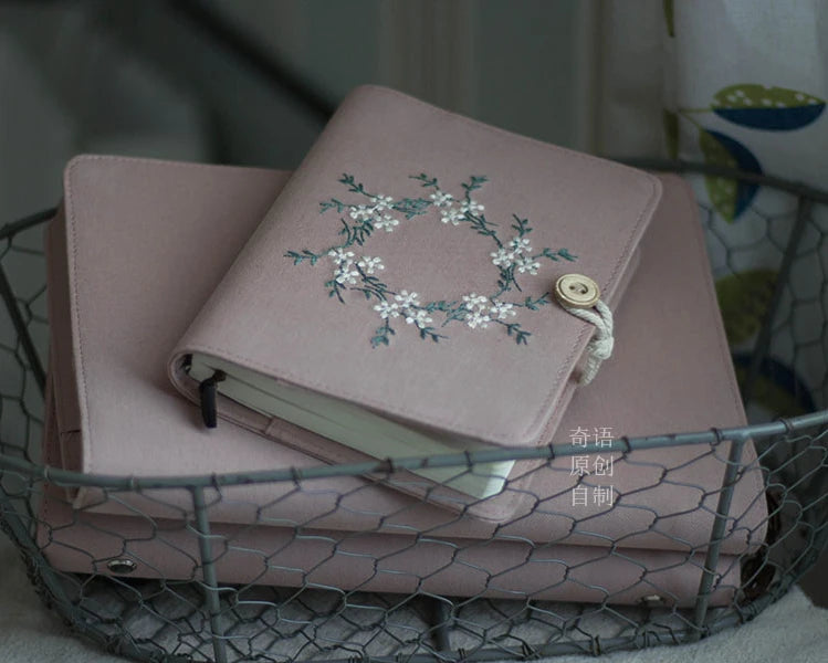 Cotton Pink Note Books Embroidery Wreath Loose Leaf A5 / A6 Binder Notebook Diary Cover Artist Moterm Ring Planners Notepad
