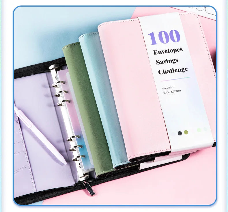 A5 100 Envelope Savings Challenge Zip Bag Loose-Leaf Binder Budget Binder With Cash Envelopes Money Organizer System