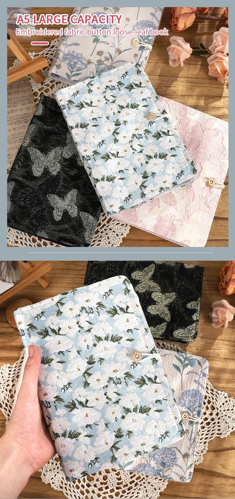 JIANWU A5 Literary Embroidered Fabric Button Loose-leaf Notebook Flower Butterfly Cover Creative DIY Student Supplies Stationery