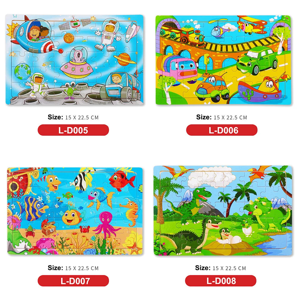 New 30 Pieces Wooden Puzzles Cartoon Animal Traffic Tangram Wood 3d Puzzle Montessori Educational Toys for Children Gifts