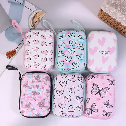 Cute Cartoon Heart Butterfly Pattern Headphone Data Cable Storage Bag Charger Power Bank Rectangular Box Zipper Bag Pocket Pouch