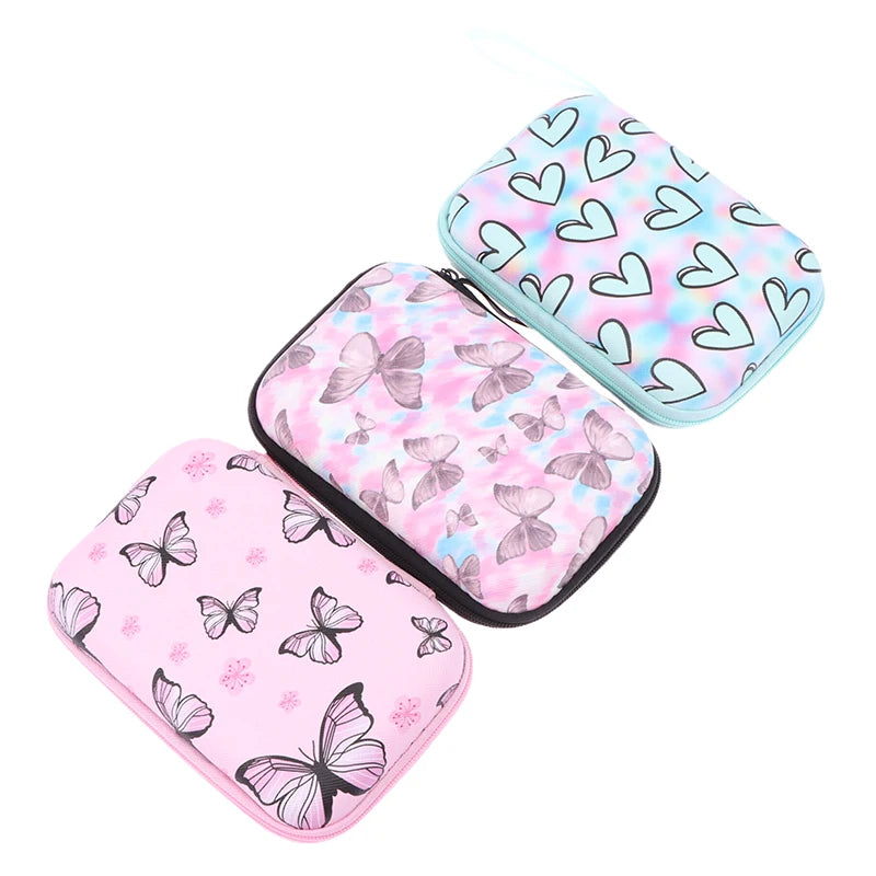Cute Cartoon Heart Butterfly Pattern Headphone Data Cable Storage Bag Charger Power Bank Rectangular Box Zipper Bag Pocket Pouch