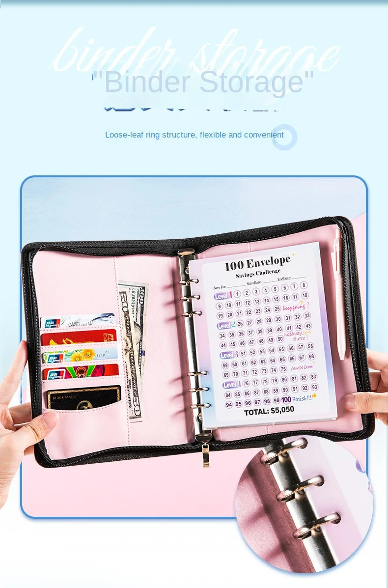 A5 100 Envelope Savings Challenge Zip Bag Loose-Leaf Binder Budget Binder With Cash Envelopes Money Organizer System