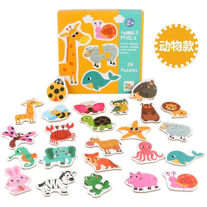 Kids Wooden Jigsaw Matching Puzzle Game Baby Early Learning Cognition Animal Fruit Traffic Educational Toys for Children Gifts