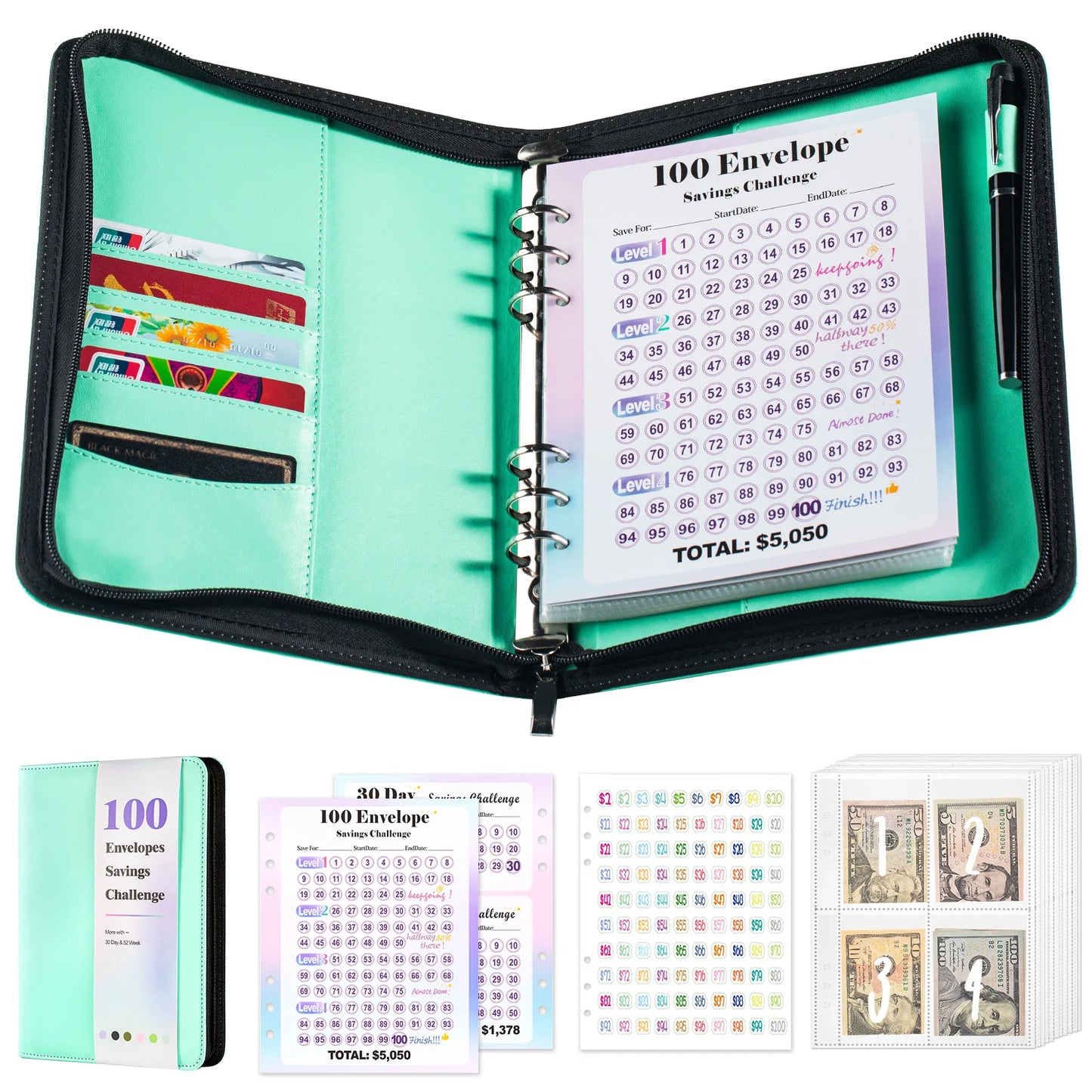 A5 100 Envelope Savings Challenge Zip Bag Loose-Leaf Binder Budget Binder With Cash Envelopes Money Organizer System