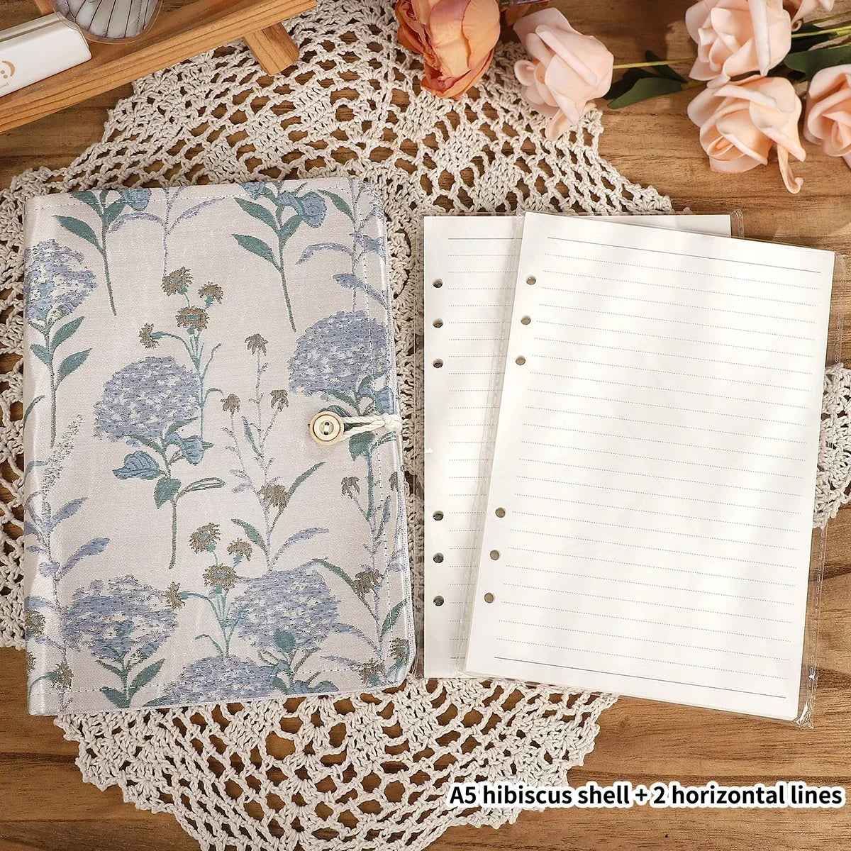 JIANWU A5 Literary Embroidered Fabric Button Loose-leaf Notebook Flower Butterfly Cover Creative DIY Student Supplies Stationery