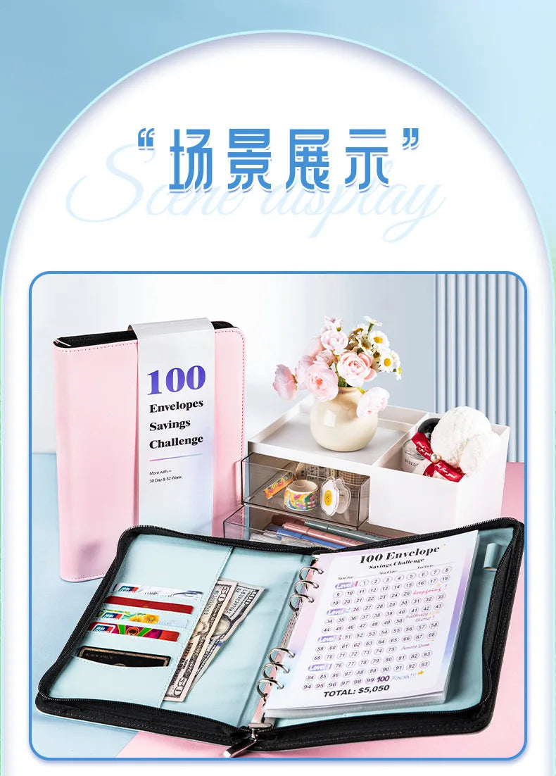 A5 100 Envelope Savings Challenge Zip Bag Loose-Leaf Binder Budget Binder With Cash Envelopes Money Organizer System