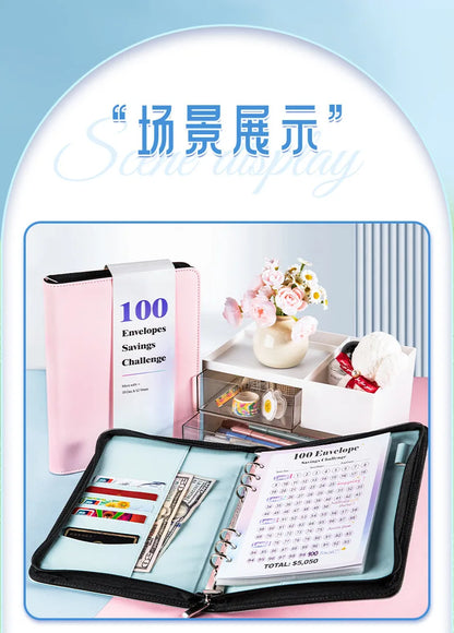 A5 100 Envelope Savings Challenge Zip Bag Loose-Leaf Binder Budget Binder With Cash Envelopes Money Organizer System