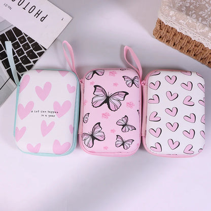 Cute Cartoon Heart Butterfly Pattern Headphone Data Cable Storage Bag Charger Power Bank Rectangular Box Zipper Bag Pocket Pouch