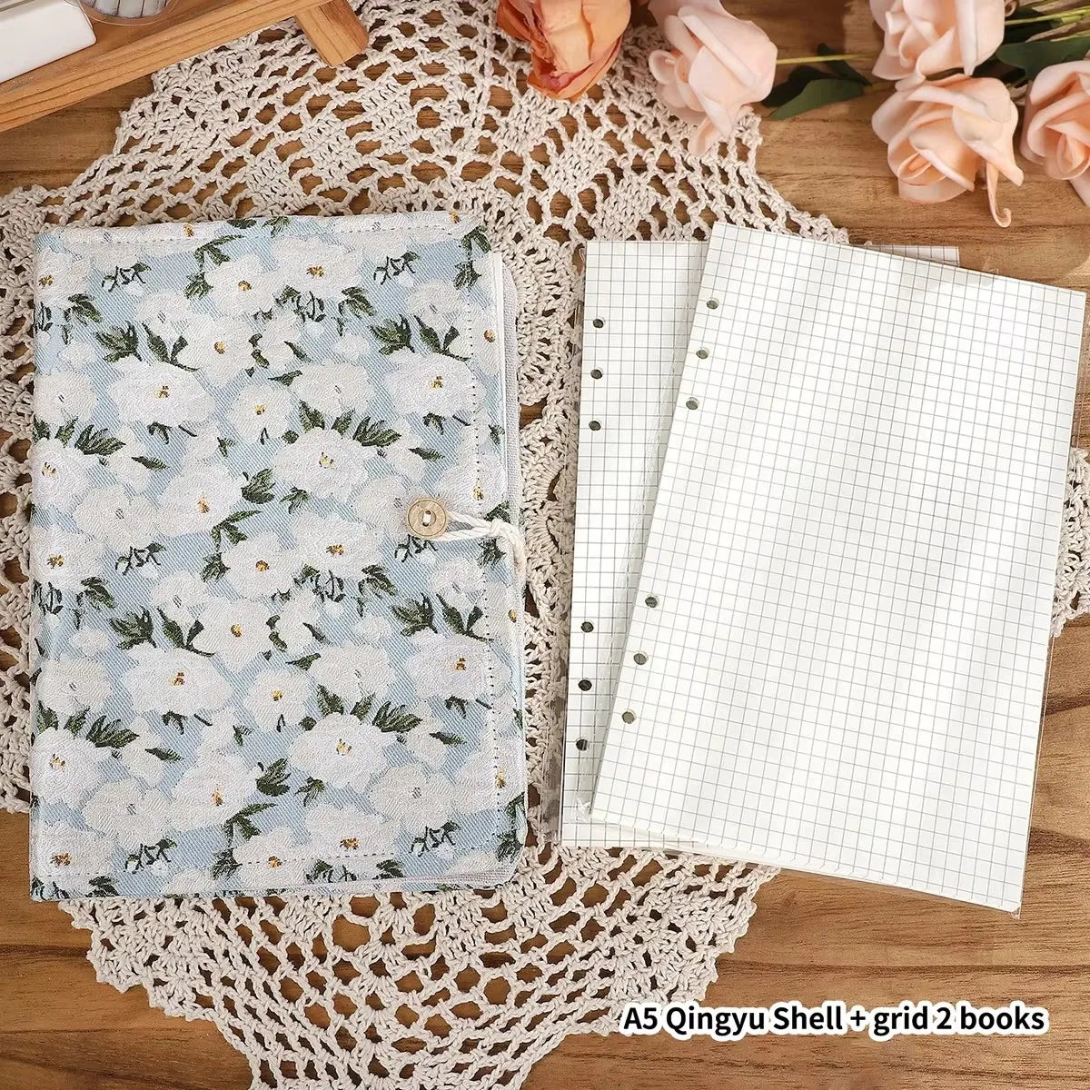 JIANWU A5 Literary Embroidered Fabric Button Loose-leaf Notebook Flower Butterfly Cover Creative DIY Student Supplies Stationery