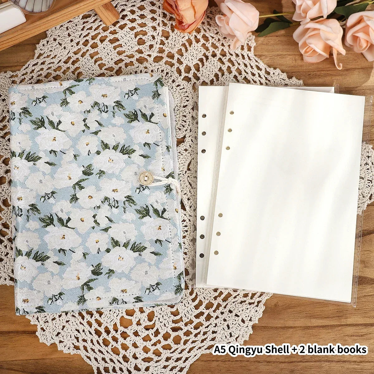 JIANWU A5 Literary Embroidered Fabric Button Loose-leaf Notebook Flower Butterfly Cover Creative DIY Student Supplies Stationery