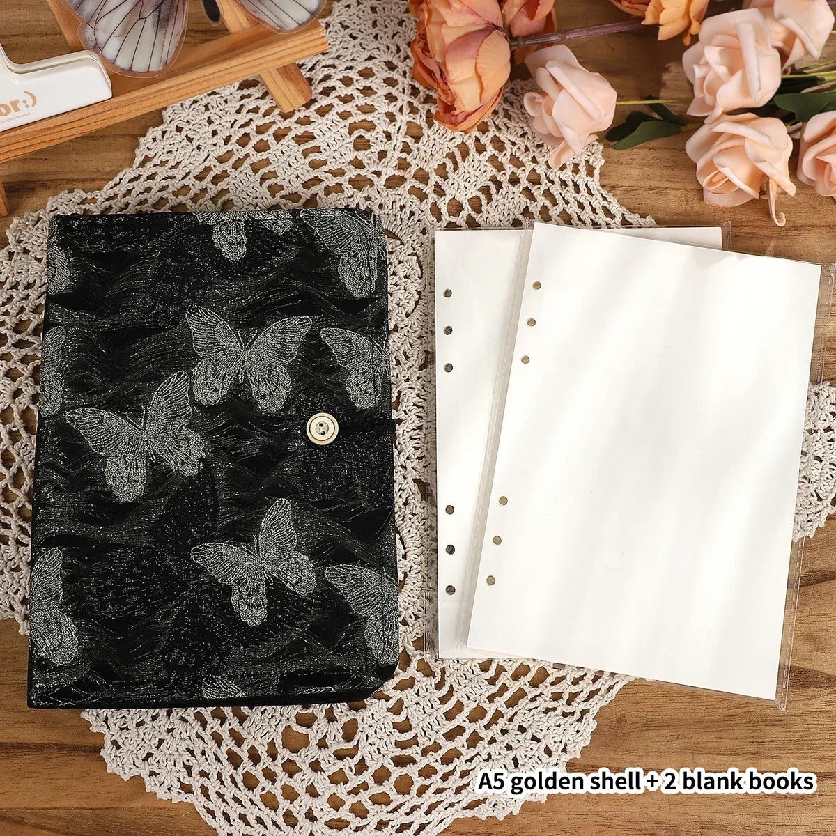JIANWU A5 Literary Embroidered Fabric Button Loose-leaf Notebook Flower Butterfly Cover Creative DIY Student Supplies Stationery