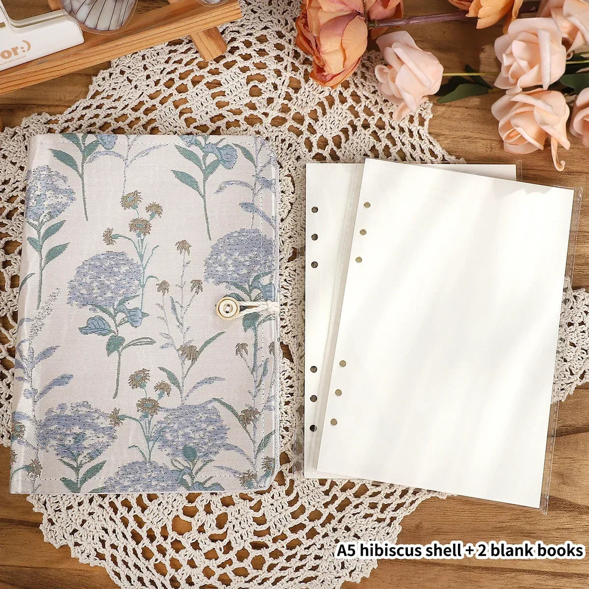 JIANWU A5 Literary Embroidered Fabric Button Loose-leaf Notebook Flower Butterfly Cover Creative DIY Student Supplies Stationery
