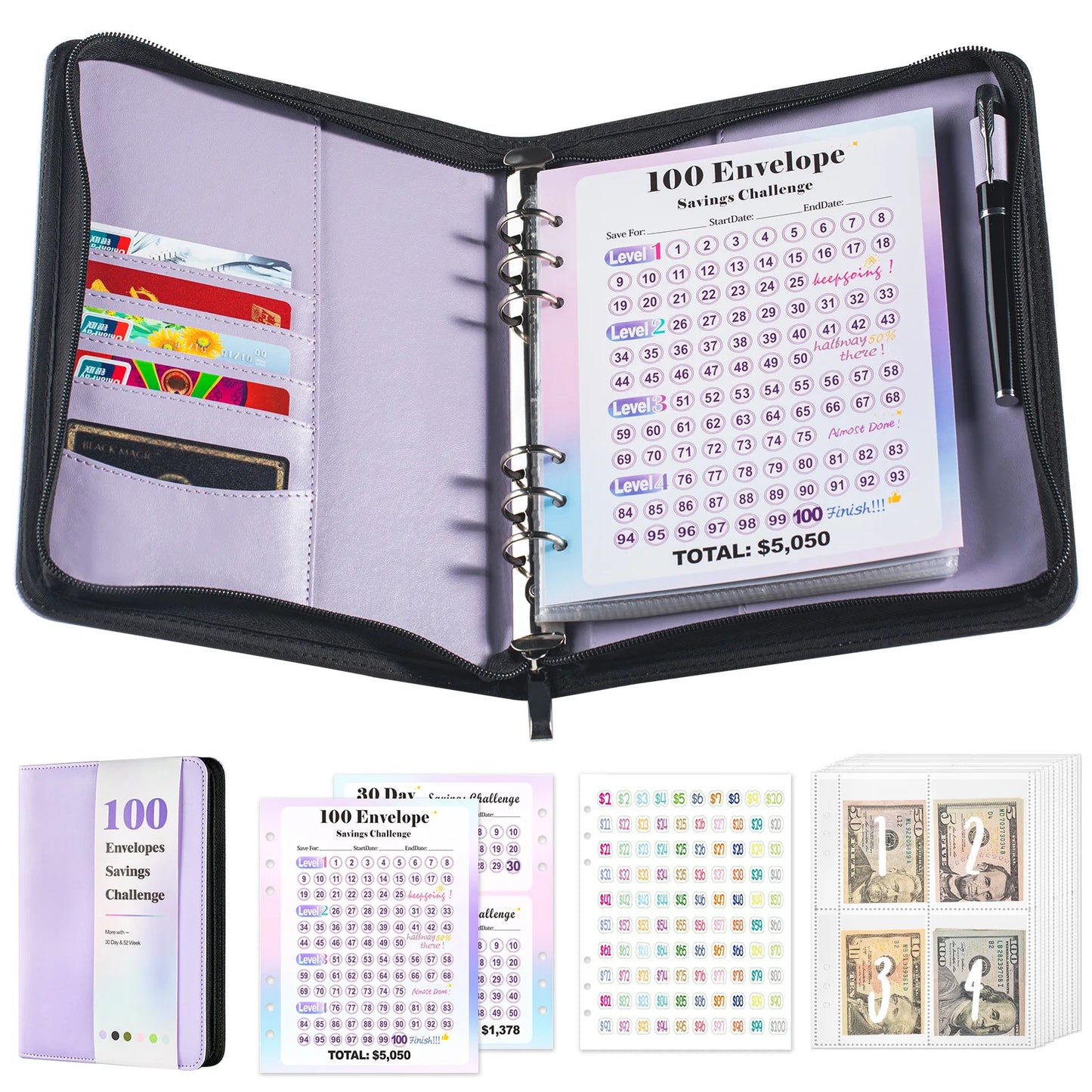 A5 100 Envelope Savings Challenge Zip Bag Loose-Leaf Binder Budget Binder With Cash Envelopes Money Organizer System