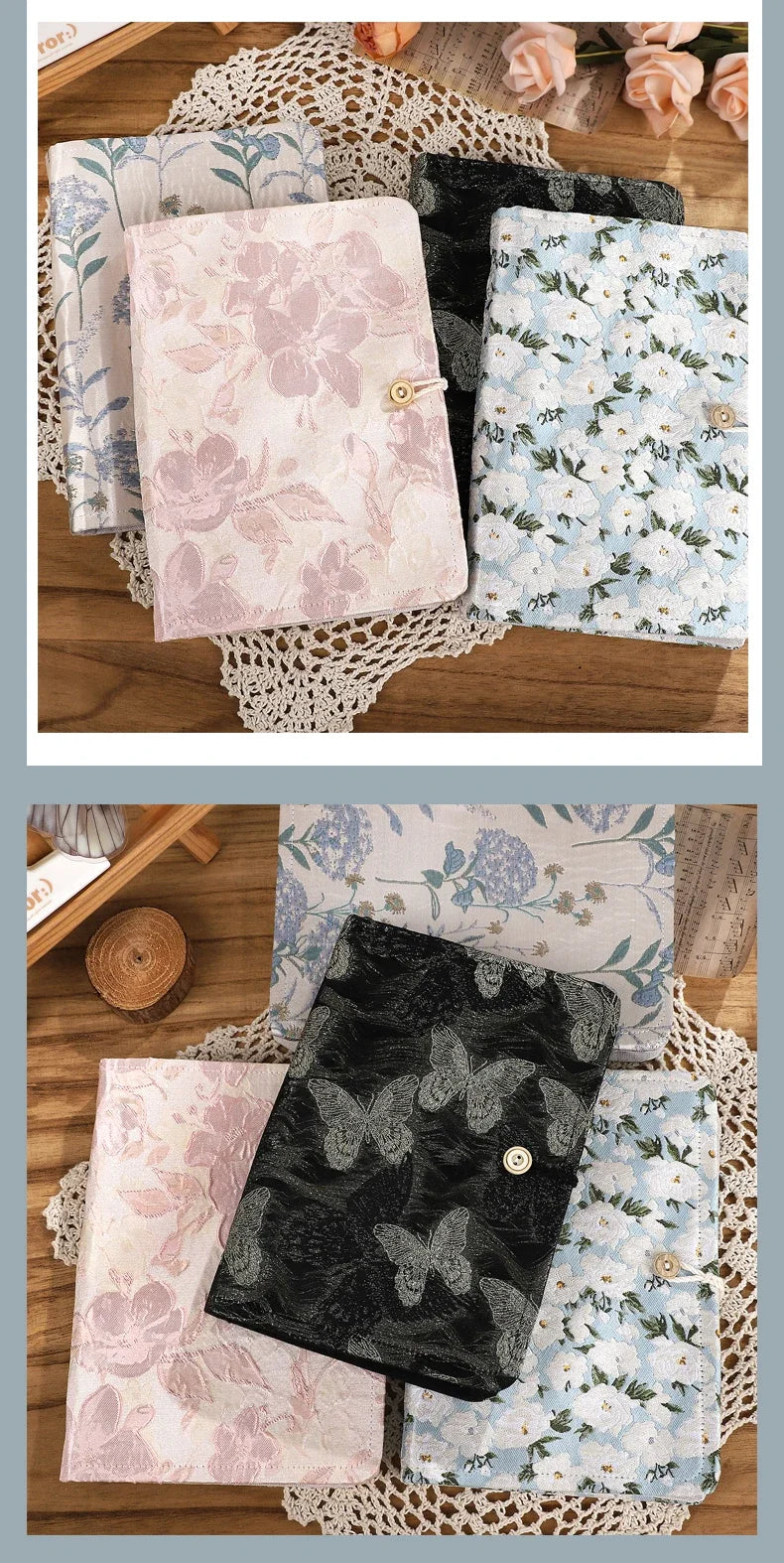 JIANWU A5 Literary Embroidered Fabric Button Loose-leaf Notebook Flower Butterfly Cover Creative DIY Student Supplies Stationery