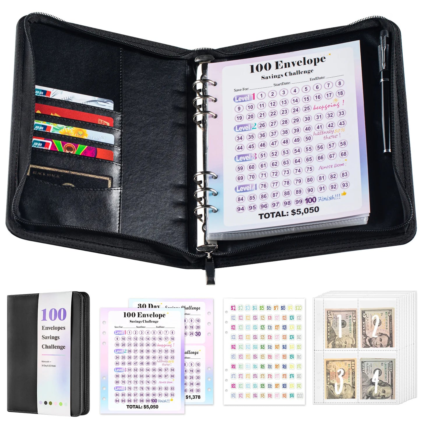 A5 100 Envelope Savings Challenge Zip Bag Loose-Leaf Binder Budget Binder With Cash Envelopes Money Organizer System