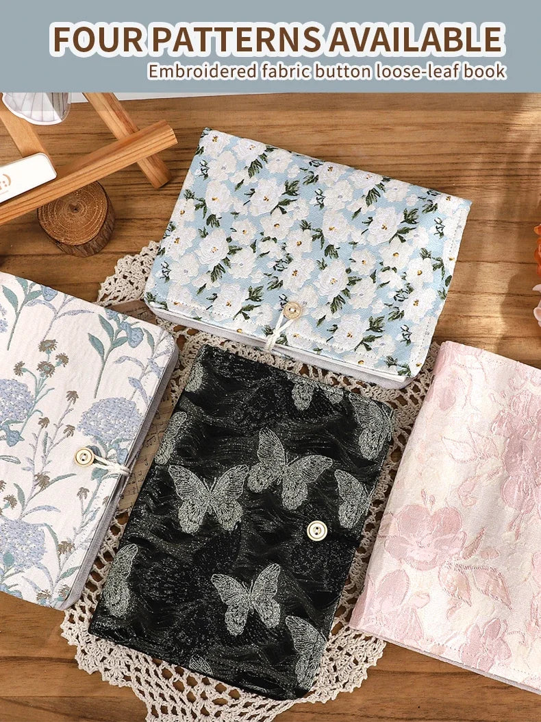 JIANWU A5 Literary Embroidered Fabric Button Loose-leaf Notebook Flower Butterfly Cover Creative DIY Student Supplies Stationery