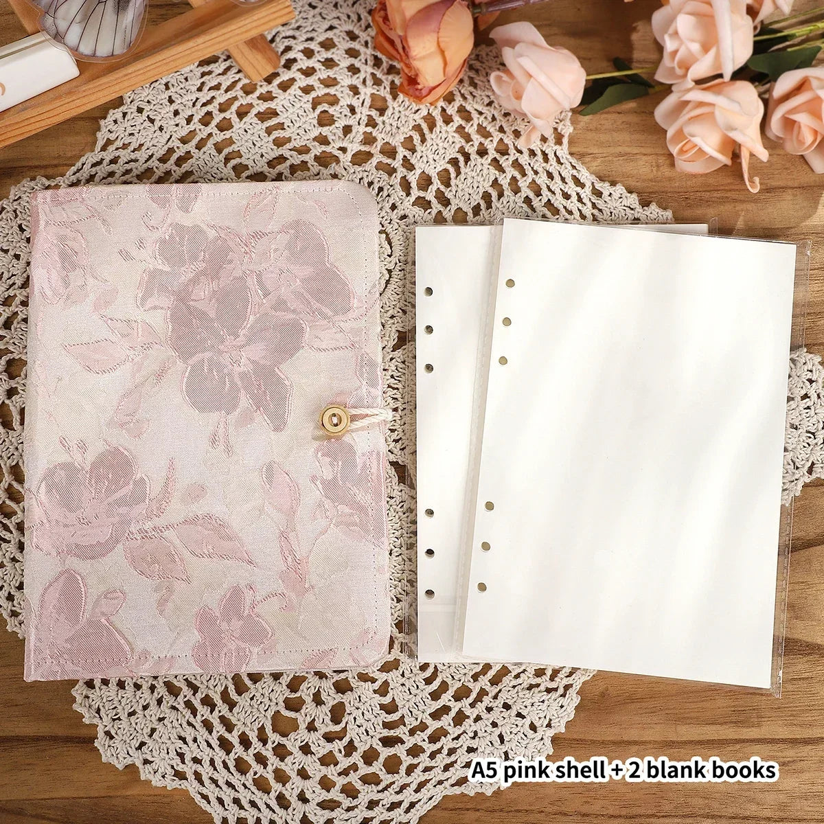 JIANWU A5 Literary Embroidered Fabric Button Loose-leaf Notebook Flower Butterfly Cover Creative DIY Student Supplies Stationery