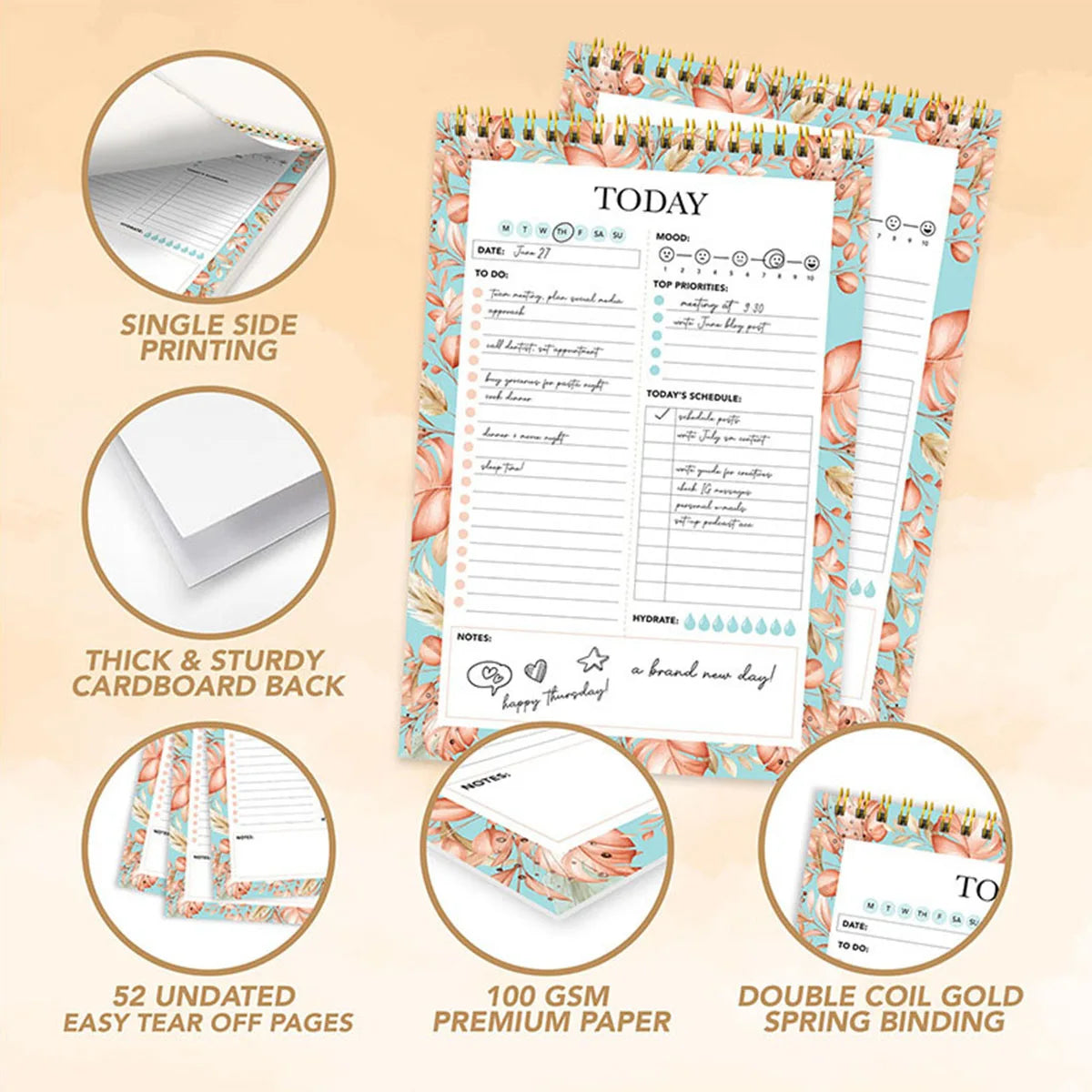 Daily Planner Pad with Schedule - 52 Sheets Daily Schedule Notepad, Spring-Bound Daily Notepad, Daily To Do List Notepad