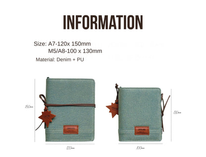 M5 A8 A7 Green Jean Fabric Loose Leaf Binder Journal Notebook Diary Cover Ring Planners Organizer Easy Carrying Agenda