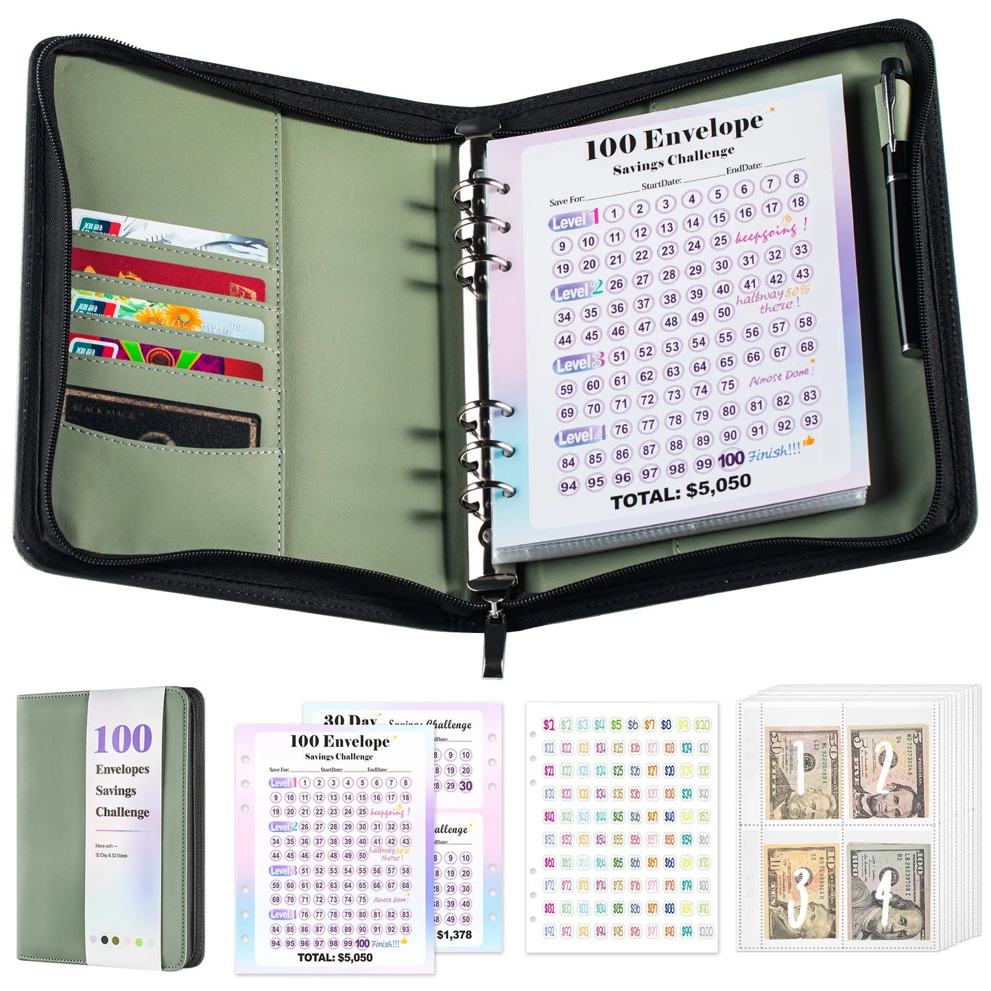 A5 100 Envelope Savings Challenge Zip Bag Loose-Leaf Binder Budget Binder With Cash Envelopes Money Organizer System