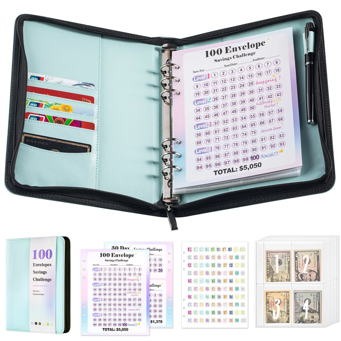 A5 100 Envelope Savings Challenge Zip Bag Loose-Leaf Binder Budget Binder With Cash Envelopes Money Organizer System