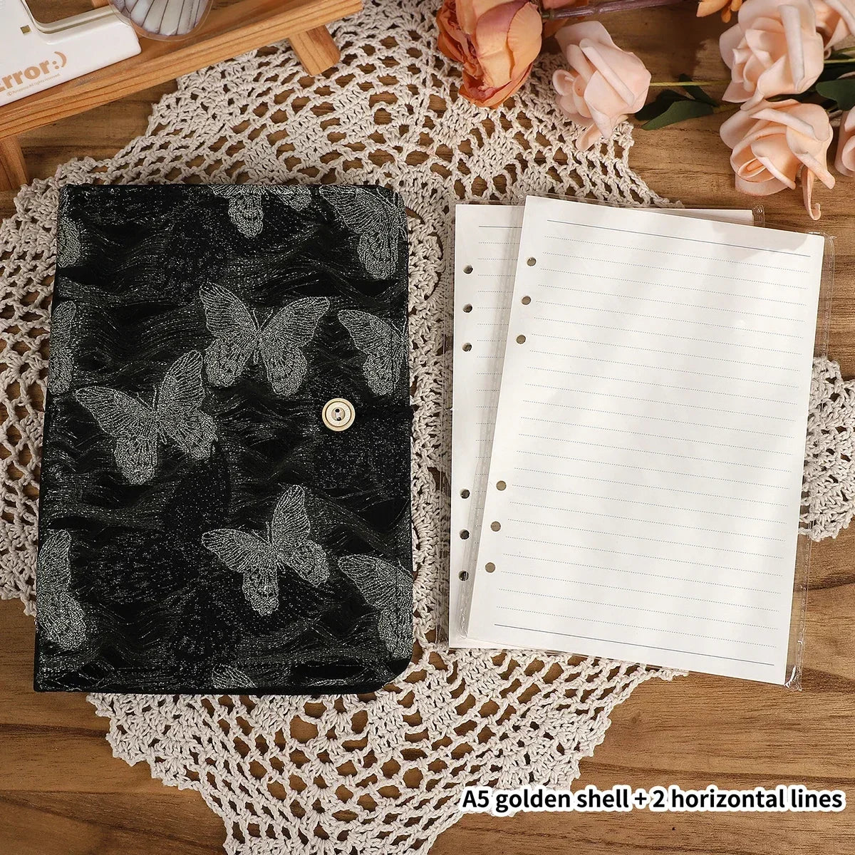 JIANWU A5 Literary Embroidered Fabric Button Loose-leaf Notebook Flower Butterfly Cover Creative DIY Student Supplies Stationery