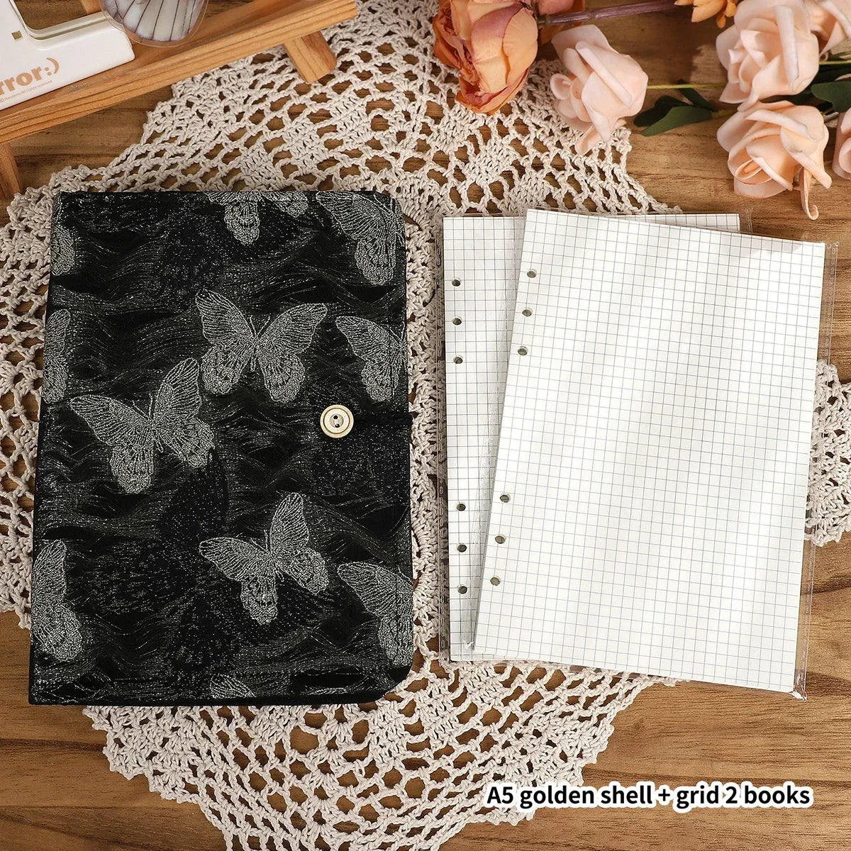 JIANWU A5 Literary Embroidered Fabric Button Loose-leaf Notebook Flower Butterfly Cover Creative DIY Student Supplies Stationery